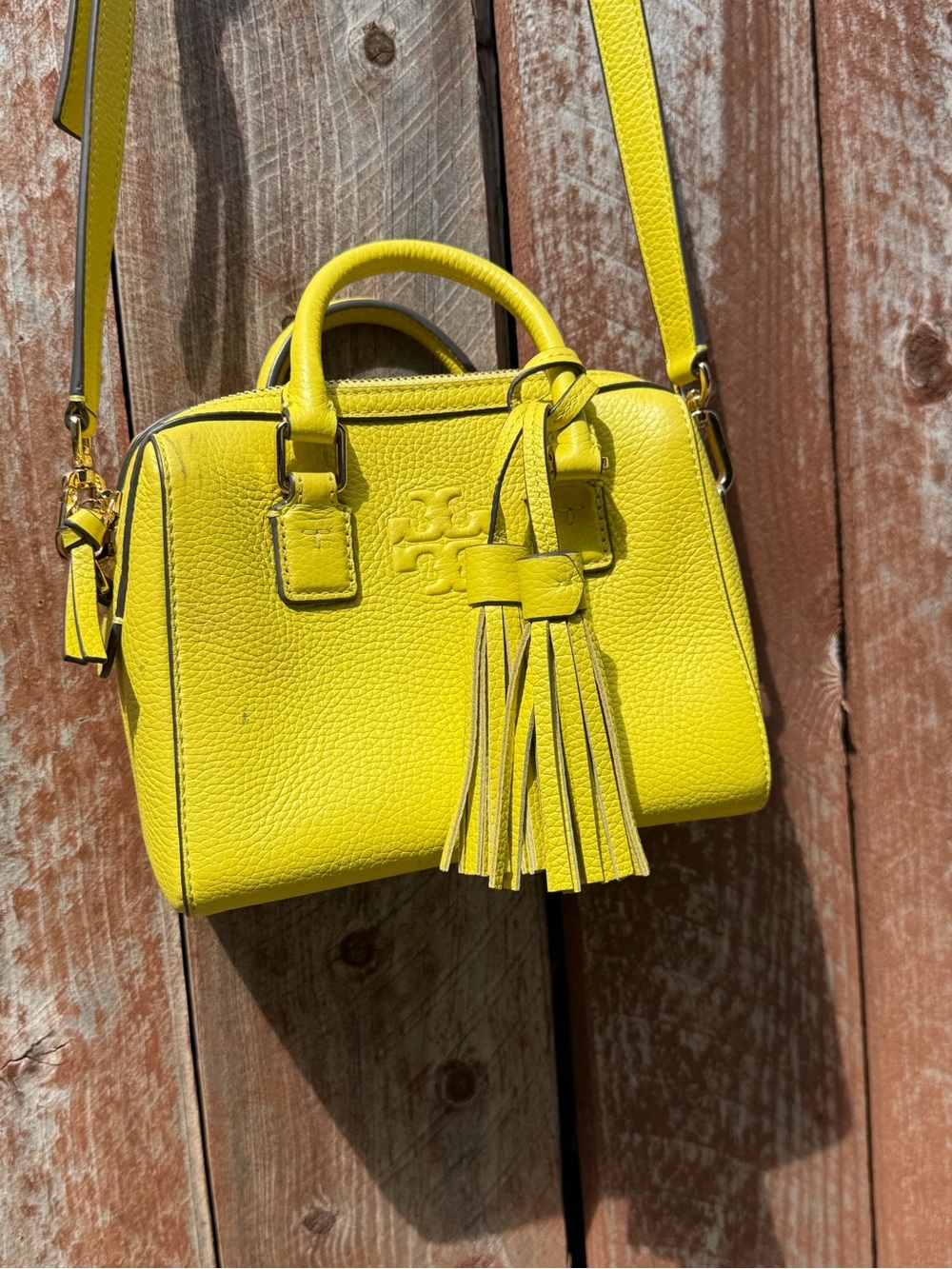 Tory Burch Thea Web Mini Lemon Yellow Pebbled Leather Satchel with Tasse - Picture 2 of 4